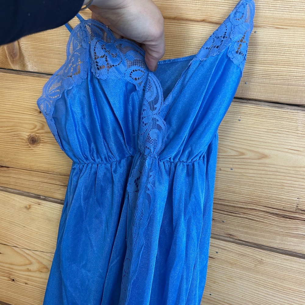 Vintage Blue Lace Satin Nightgown Nighty Chemise 16” pit to pit Women Medium - Picture 6 of 8